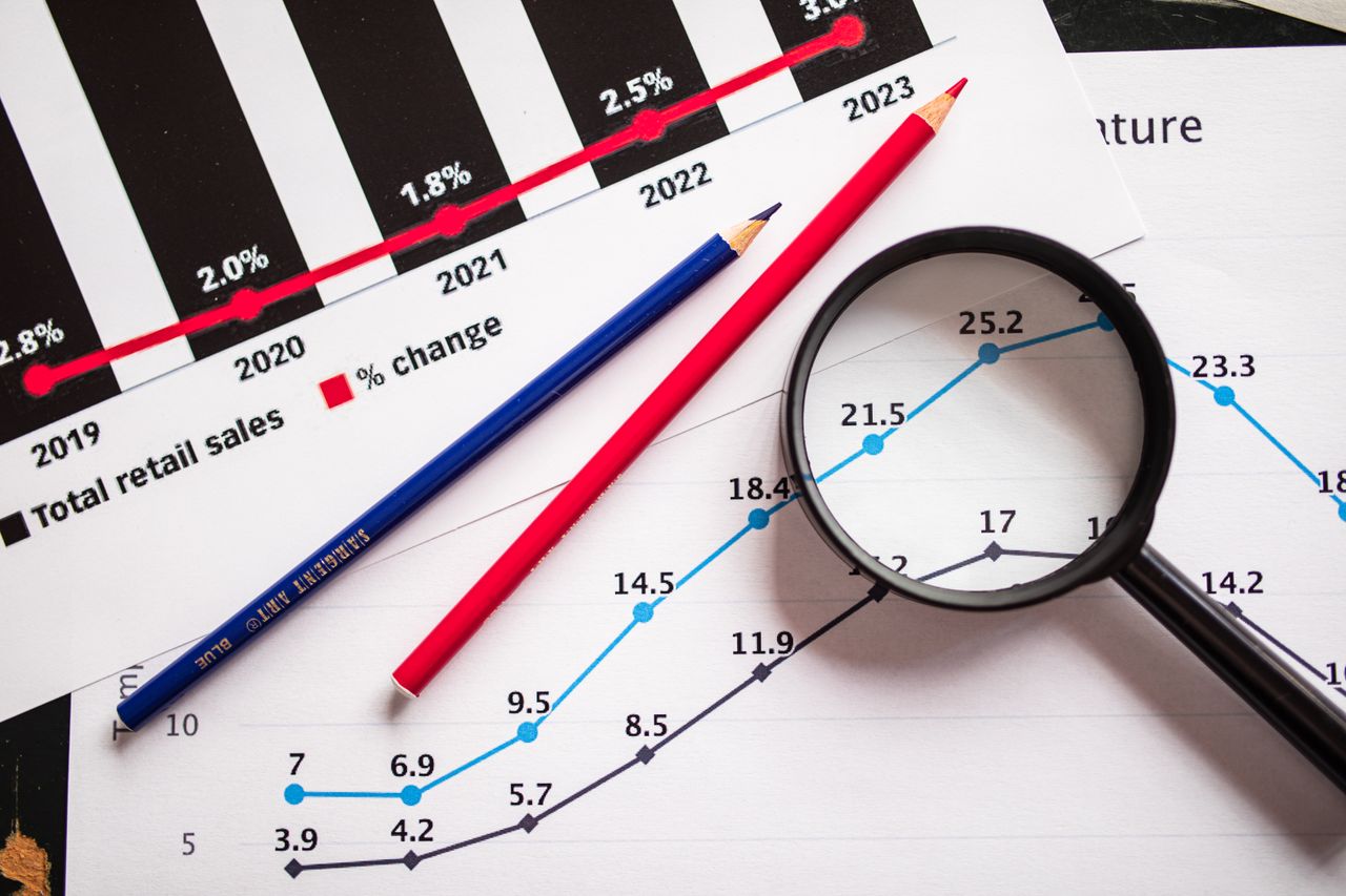 about-06 Magnifying glass and colored pencils on financial trend graphs highlighting sales growth.